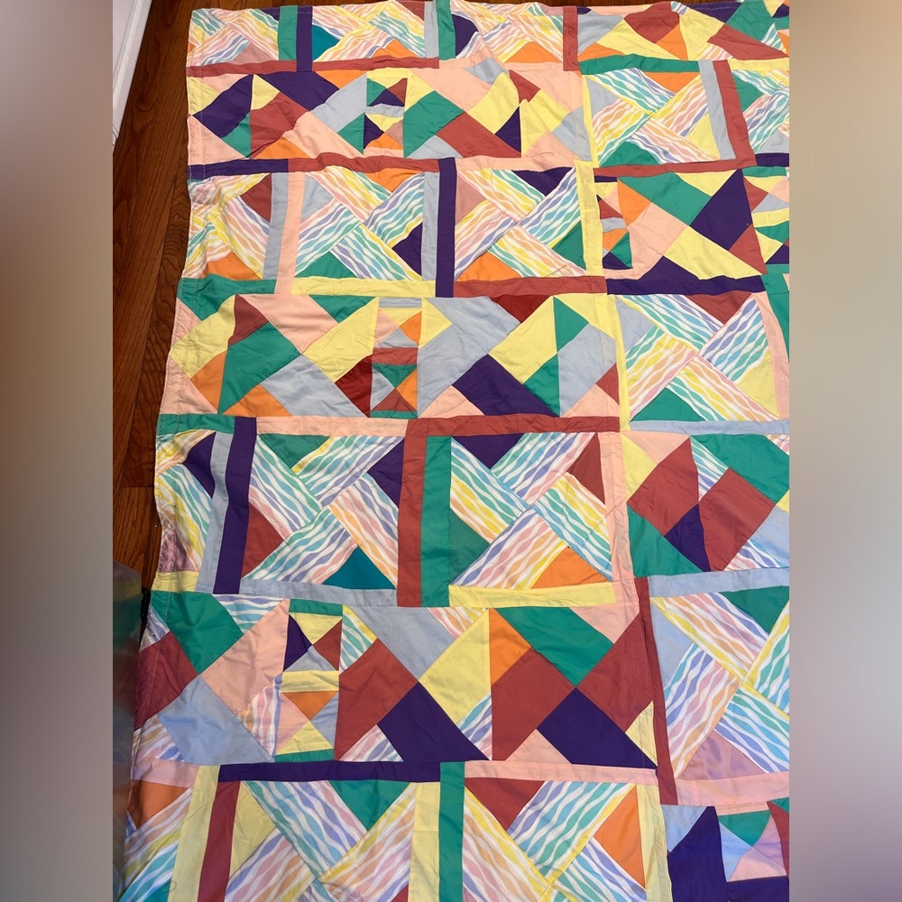 Vintage Handmade Quilt Patchwork Colorful Geometric Cotton Blanket Nannette - Picture 5 of 9